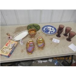 Carnival Glass, Blue WIllow, Glasses, Figurine & More!