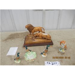 Beswick Owl Ornaments, Beswick Ducks Ashtrays & Ornaments,  & Wood Carved Lion Display