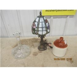 Crystal Decanter, Stained Glass Lamp, & Jug
