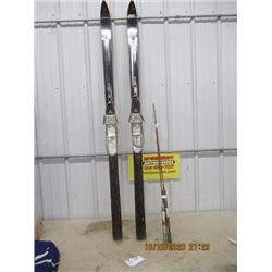 3 Vintage Items - Wood Skis & 2 Fishing Rods