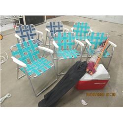 8 Items - 6 Retro Folding Lawn Chairs, 1 Folding Lawn Chair in Bag, & Cooler
