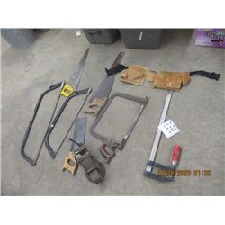 Saws, Vise, Carpenters Belt, & Clamp