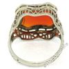 Image 6 : Art Deco Etched 14kt White Gold Custom Cut Carnelian Solitaire Filigree Ring