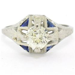 Antique Art Deco 20kt White Gold Diamond and Sapphire Engagement Ring