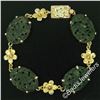 Image 3 : Vintage 14kt Yellow Gold Carved Oval Jade Bird and Etched Flower Link Bracelet