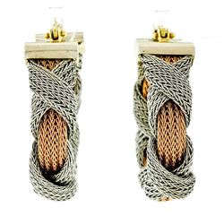 Estate 18kt Rose & White Gold 30mm Braided Mesh Hoop Earrings