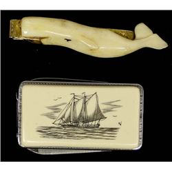 Scrimshaw Knife and Carved Ivory Tie Clasp