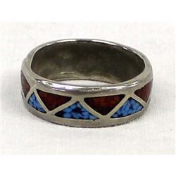 Navajo Sterling Chip Inlay Turquoise Coral Ring