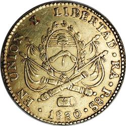 Rio de la Plata gold 8 Escudos 1830RA-P, KM21, nearly X 