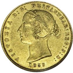 Victoria gold 1/2 Sovereign 1858, KM3, AU50 NGC RBA, li 