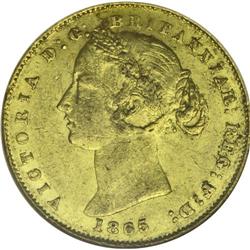 Victoria gold Sovereign 1865, KM4, AU55 NGC RBA, small 