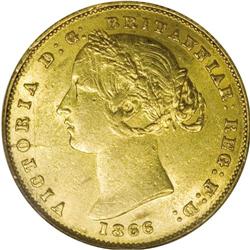 Victoria gold Sovereign 1866, KM4, AU58 NGC, an origina 