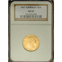 Victoria gold Sovereign 1867, KM4, AU53 NGC. 