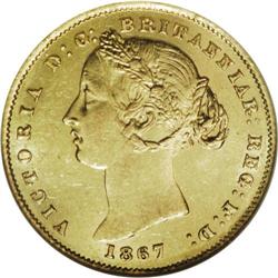 Victoria gold Sovereign 1867, KM4, AU58 NGC RBA, a choi 