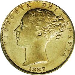 Victoria gold Sovereign 1887-M Shield, KM6, AU53 PCGS, 