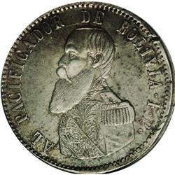 Republic Melgarejo 1865-FP, KM146, AU50 NGC, extremely 