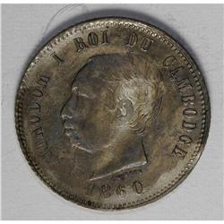 Norodom I 4 Francs 1860, KM48.2, toned AU-UNC, restrike 