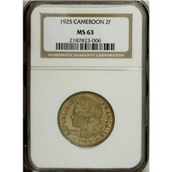 French Colonial 2 Francs 1925, KM3, MS63 NGC, very scar 