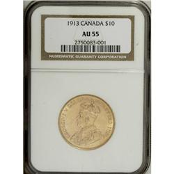 George V gold 10 Dollars 1913, KM27, AU55 NGC, heavy ob 