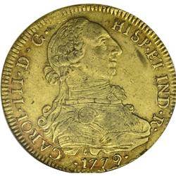 Carlos III gold 8 Escudos 1779-DA, KM27, XF40 NGC, S.M. 
