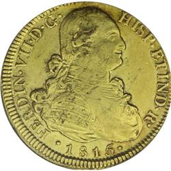 Ferdinand VII gold 8 Escudos 1815-FJ, KM78, bust of Car 