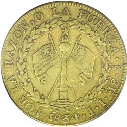 Republic gold 8 Escudos 1834-IJ, KM84, XF40 PCGS, evenl 