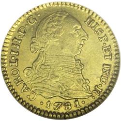 Carlos III gold Escudo 1781SF Popayan, KM48.2, AU53 NGC 