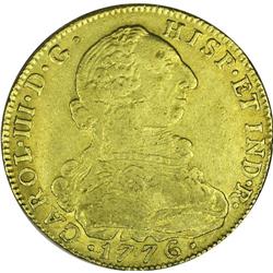 Carlos III gold 8 Escudos 1776JJ-NR, KM50.1, VF-XF with 