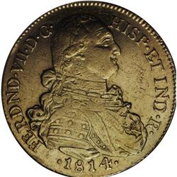 Ferdinand VII gold 8 Escudos 1814JF-NR, KM66.1, VF35 PC 