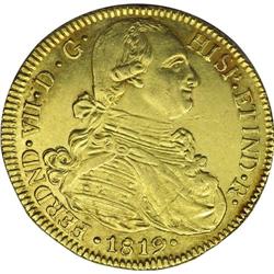 Ferdinand VII gold 8 Escudos 1819FM-P, KM66.2, sharp AU 