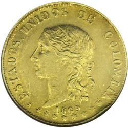 Republic - Estados Unidos gold 20 Pesos 1869 Popayan, E 