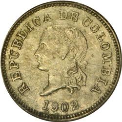 Republic 5 Centavos 1902, KM184, repunched 2, AU55 NGC, 