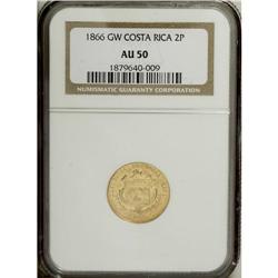 Republic gold 2 Pesos 1866-GW, KM113, AU50 NGC, underra 