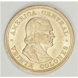 Republic gold 20 Colones 1897, KM141, lustrous AU-UNC, 