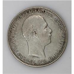 Prince George 5 Drachmai 1901, KM9, toned VF, a nice or 