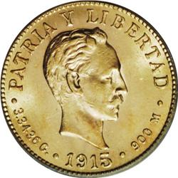 Republic gold 2 Pesos 1915, KM17, MS63 PCGS, an intense 