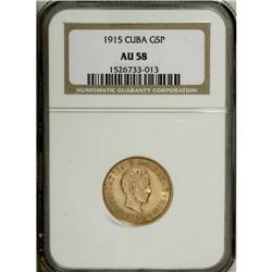 Republic gold 5 Pesos 1915, KM19, AU58 NGC, lightly ton 