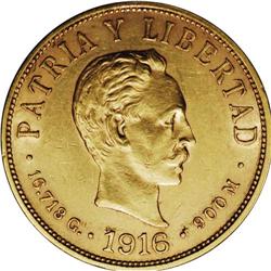 Republic gold 10 Pesos 1916, KM20, lightly toned XF wit 