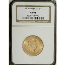 Republic gold 10 Pesos 1916, KM20, MS61 NGC, a nice exa 