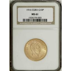 Republic gold 10 Pesos 1916, KM20, MS61 NGC, nearly ful 
