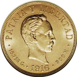 Republic gold 10 Pesos 1916, KM20, MS61 NGC, fully lust 