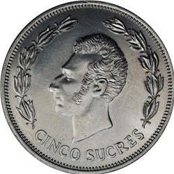 Republic 5 Sucres 1973, KM84, choice brilliant UNC, ext 