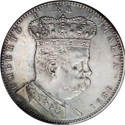 Umberto I 5 Lire 1891, KM4, XF, the obverse has been cl 