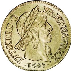 Louis XIII gold Louis d''or, buste vielli, 1643D (Lyon) 