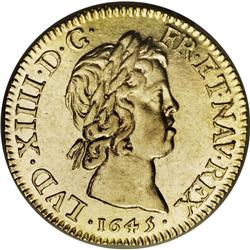 Louis XIV gold Louis d''or a la meche courte 1645D (Lyo 