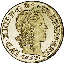 Louis XIV gold Louis d''or a la meche longue 1657D (Lyo 