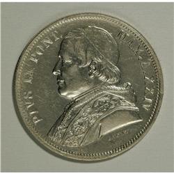 Papal States. Pius IX 5 Lire 1870R XXIV, KM1385, AU, li 