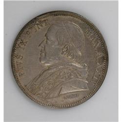 Papal States. Pius IX 5 Lire 1870R-XXIV, KM1385, toned 