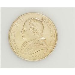 Papal States. Pius IX gold 20 Lire 1866R-XXI, KM1382.2, 