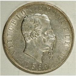 Vittorio Emanuele II silver 5-Lire 1869-M BN, KM-8.3, C 